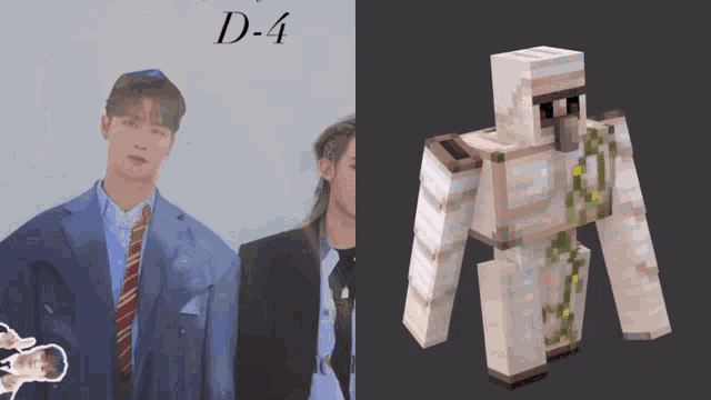 a drawing of a man in a suit and tie next to a picture of a minecraft character