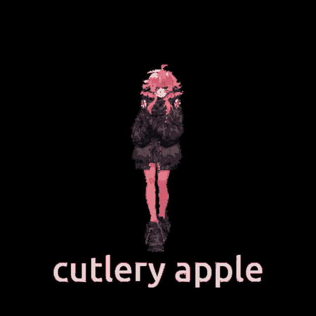 a pixel art of a girl with red hair and the words cutlery apple