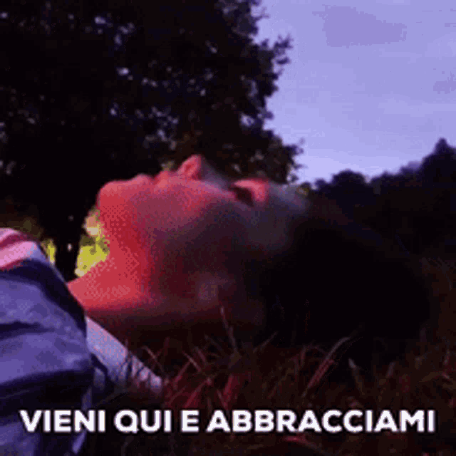 a person laying in the grass with the words " vieni qui e abbracciami " on the bottom