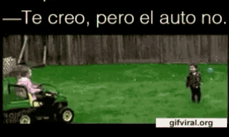 a gif of a person riding a lawn mower with the words " te creo pero el auto no "
