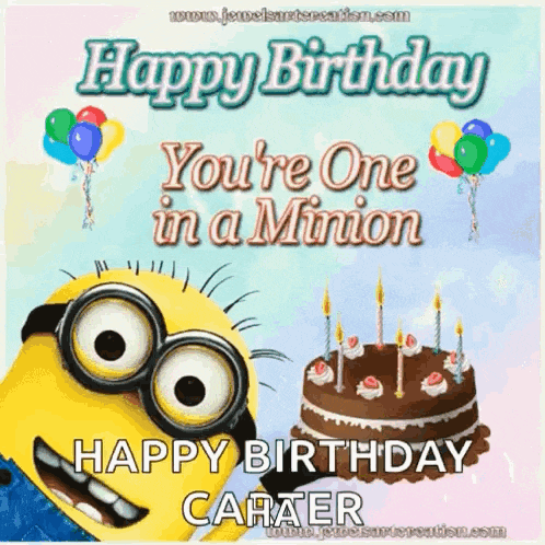 a happy birthday card with a minion and a birthday cake .