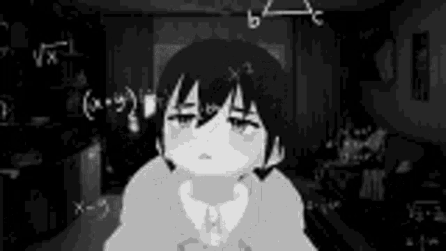 a black and white drawing of a girl with mathematical equations on the wall behind her .