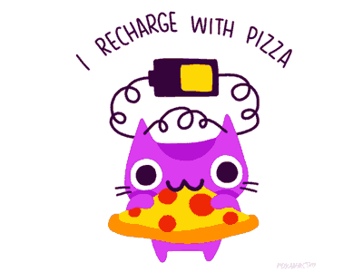 a cartoon of a cat eating pizza with the words " i recharge with pizza " written around it