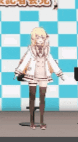 a girl in a white coat is standing in front of a checkered wall .