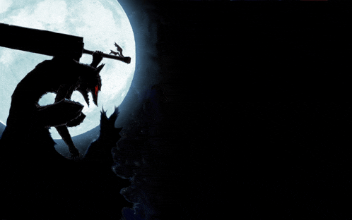 a silhouette of a person with a sword in front of a full moon