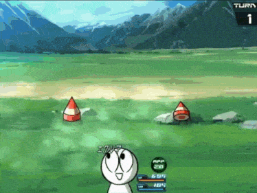 a cartoon character is standing in a grassy field with mountains in the background and a turn button