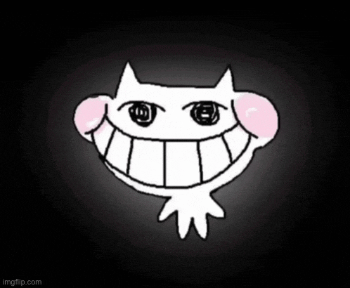 a drawing of a cat with a big smile and a pink ear on a black background .