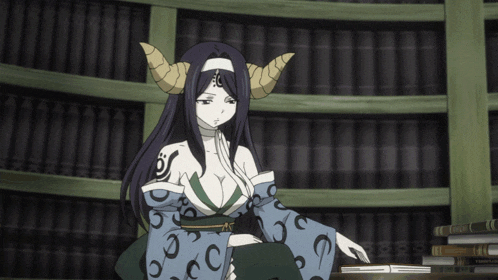 a woman with horns is sitting at a table with books