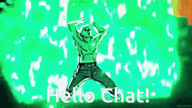 a man is jumping in the air in front of a green background that says hello chat .