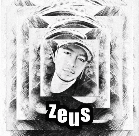 a black and white drawing of a man with the name zeus on the bottom