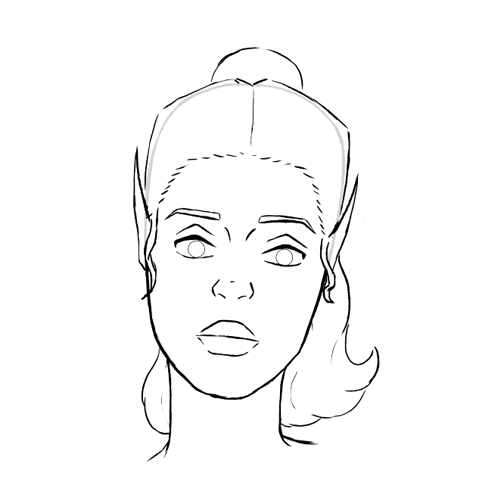 a black and white drawing of a woman 's face with long hair