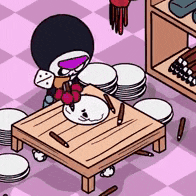 a cartoon of a snowman sitting at a table with plates and pencils on it