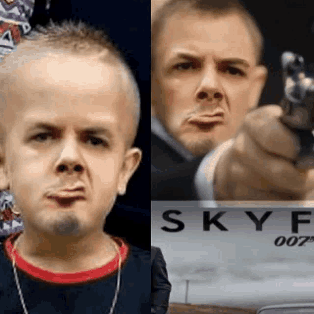 a man holding a gun next to a poster for skyfall 007