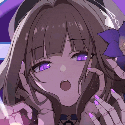 a girl with purple eyes and pink nails has her mouth open