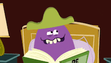 a cartoon character is reading a book with the word de on it