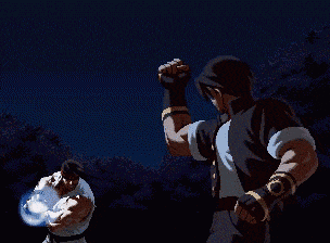 a pixelated image of a man holding a fireball