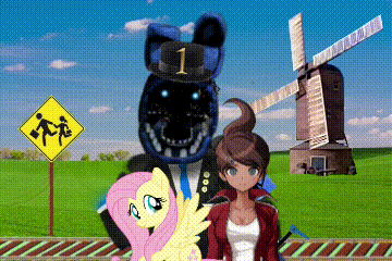 a group of cartoon characters standing in front of a windmill and a school crossing sign