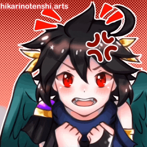 a drawing of a girl with red eyes and the name hikarinotenshi.arts