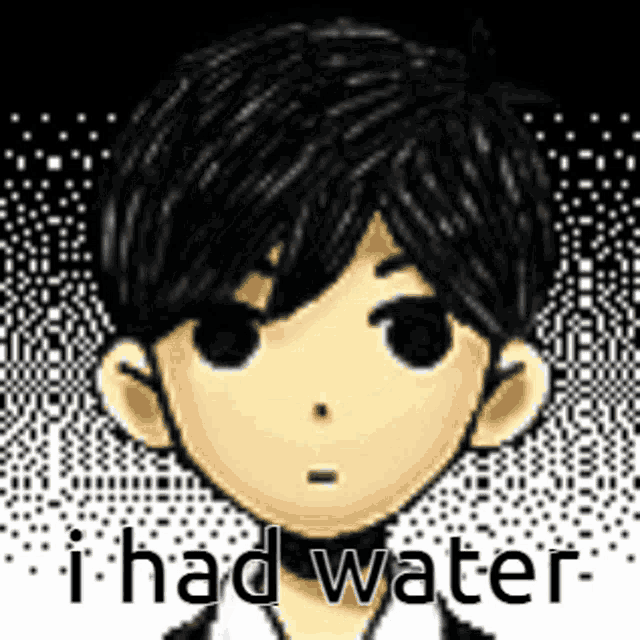 a pixel art drawing of a boy with black hair and the words `` i had water '' below him .
