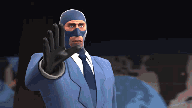 a cartoon character wearing a blue mask and a blue suit