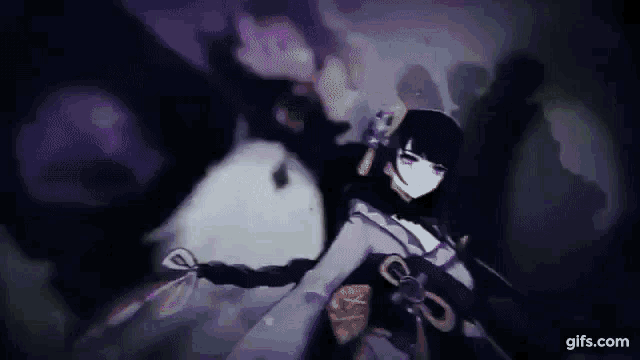 a woman in a kimono is standing in a dark room with a sword in her hand .
