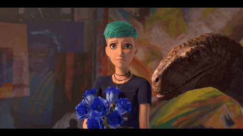 a girl with blue hair holds a bouquet of blue roses in front of a dinosaur