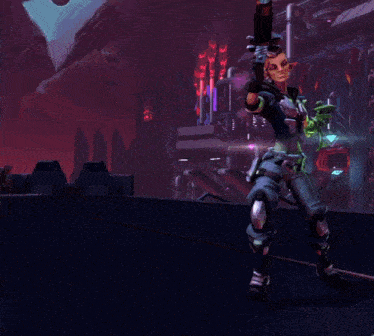 a video game character is holding a gun and a spear