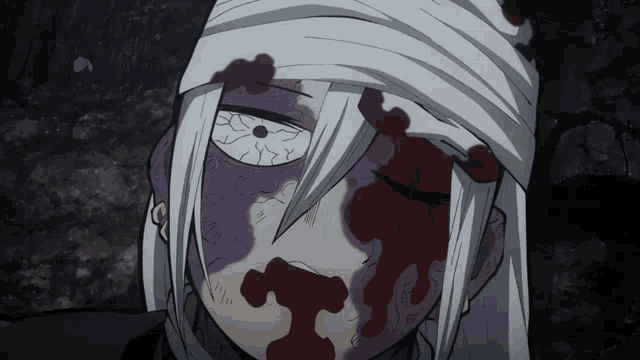 a person with blood on their face and a bandage on their head