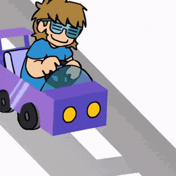 a cartoon of a boy driving a purple car