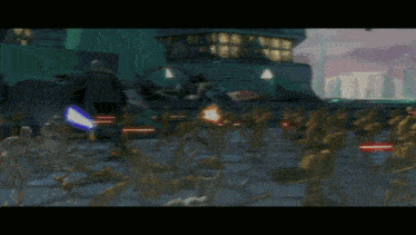 a video game scene with a bunch of robots fighting