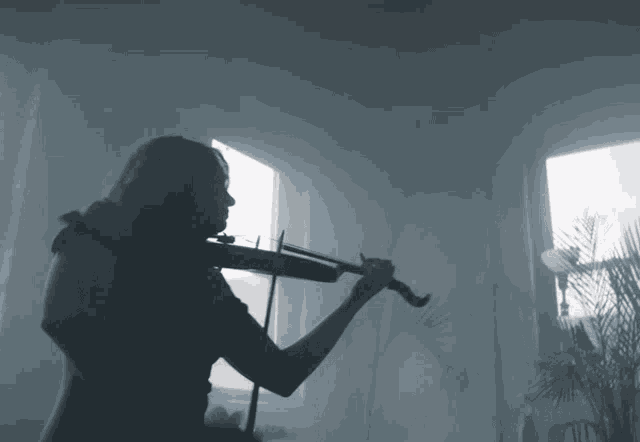a woman plays a violin in front of a window