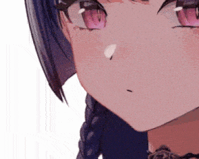 a close up of a anime girl 's face with purple eyes and braids .