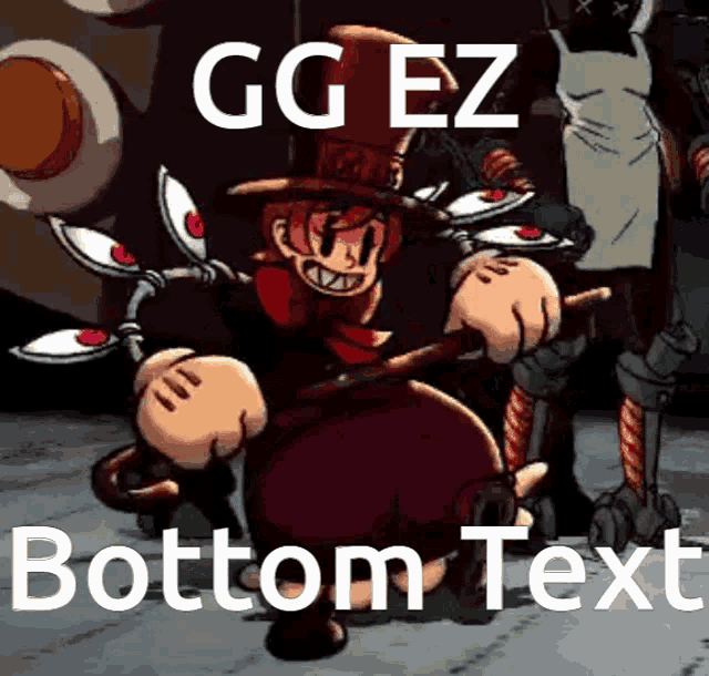 a cartoon character holding a stick with the words gg ez bottom text written on it