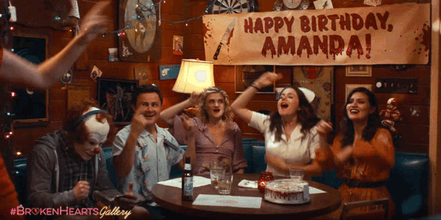a group of people sitting around a table with a banner that says happy birthday amanda