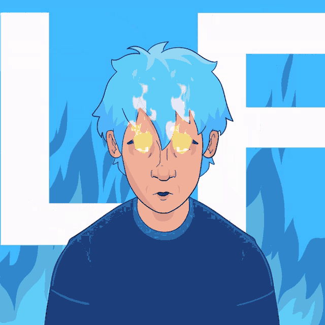 a cartoon of a man with blue hair and glowing eyes