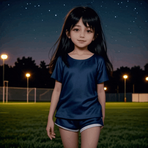 a little girl in a blue shirt and shorts stands in a field