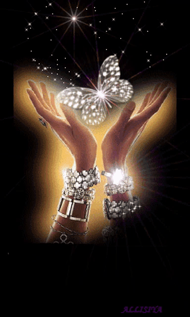 a picture of a woman 's hands with bracelets and a butterfly with the name accista at the bottom