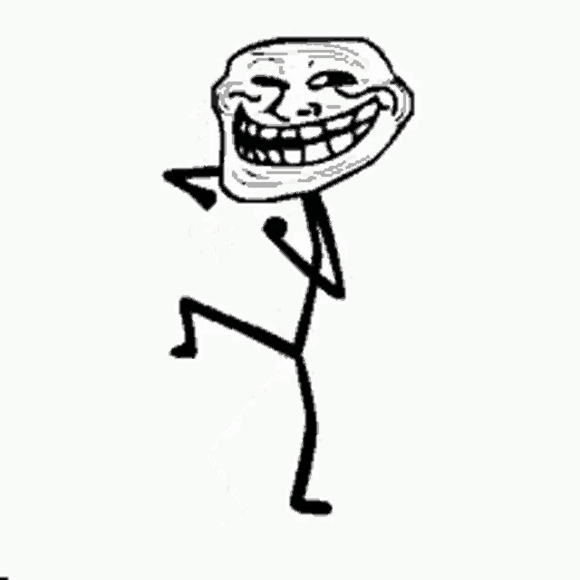 a troll face is dancing on a white background .