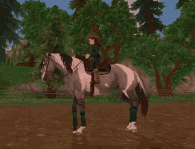 a person is riding a horse in a video game with trees in the background