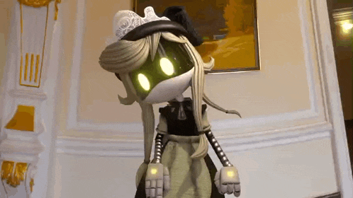 a cartoon character wearing a hat and a dress is standing in front of a wall .