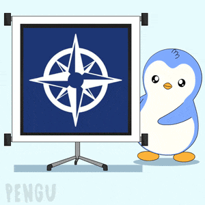 a penguin is standing next to a projector screen with the word pengu on the bottom
