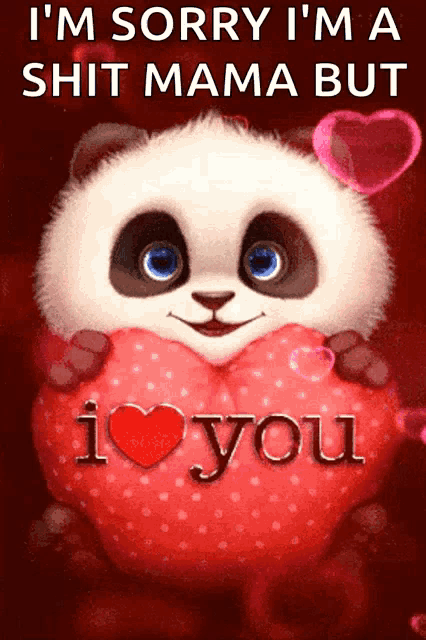a panda bear is holding a red heart that says i love you