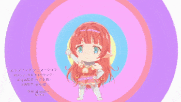 a girl with purple hair is surrounded by circles
