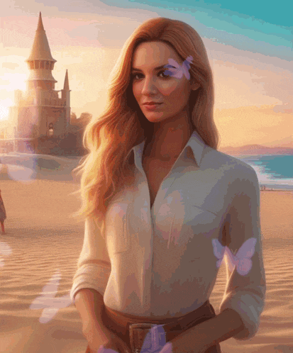 a woman in a white shirt is standing on a beach