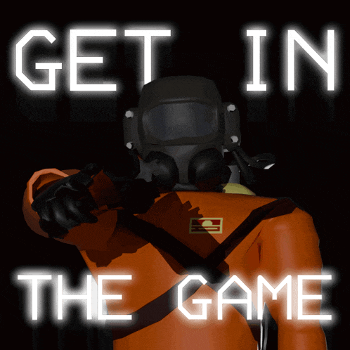 a poster that says get in the game with a man in a gas mask