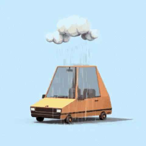 a yellow car is driving in the rain under a cloud .