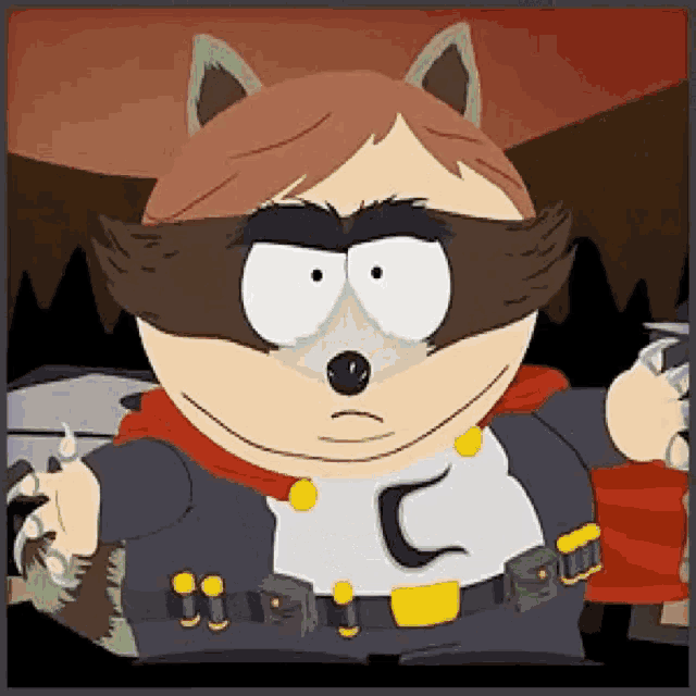 a cartoon character is wearing a raccoon mask