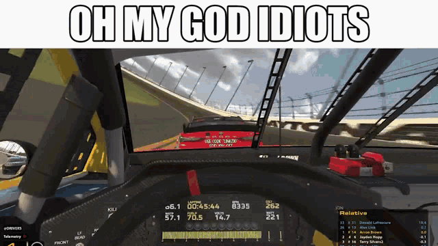 a screenshot of a video game with the words oh my god idiots above it