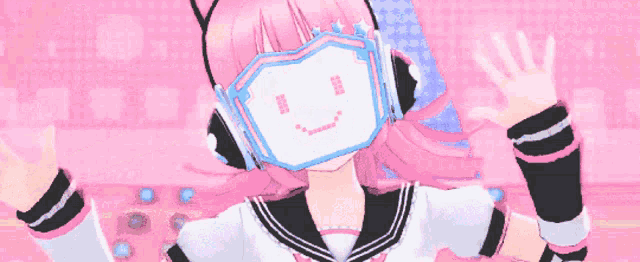 a girl wearing headphones and a mask with a smiley face