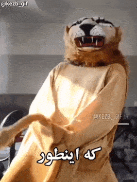 a person dressed in a lion costume with arabic writing